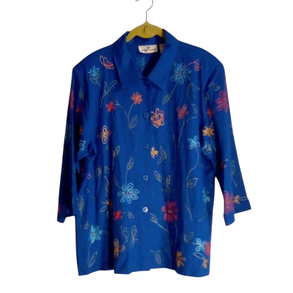Vintage Erin London Linen Blend Embroidered Floral Grannycore Shacket Medium
